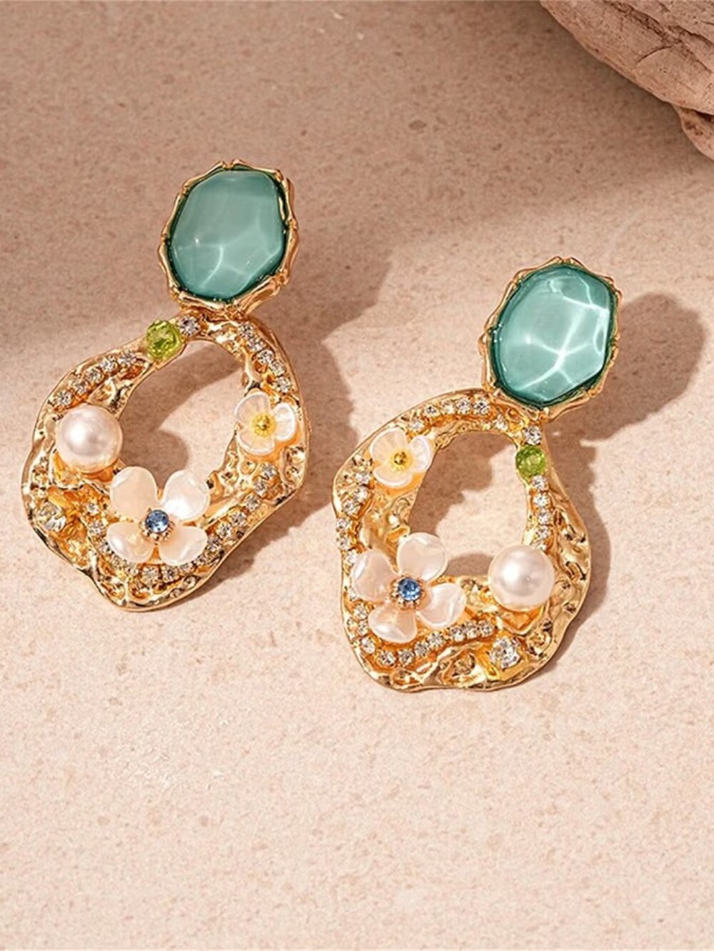Gold Floral Drop Earrings Rhinestone Faux Pearl